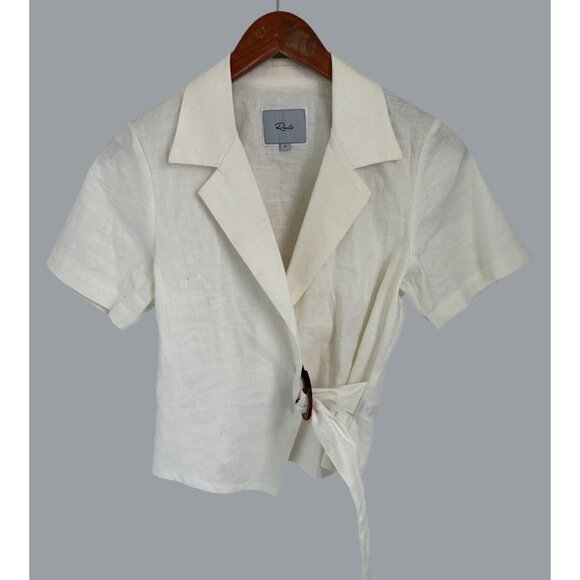 Rails April Creme Short-Sleeve Linen Blend Wrap Blouse With Tie Detail - S - Picture 2 of 9
